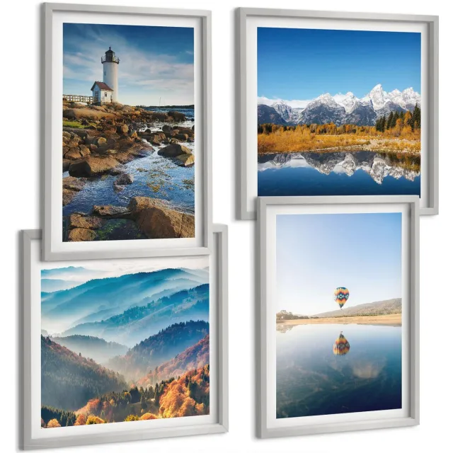 Coloray 4-Delige Schilderij Set - Uitzicht Op De Natuur Met Een Vuurtoren, Bergen, Een Meer En Een Ballon. - 40 x 40 cm En 40 x 60 cm - Stijlvolle Muurdecoratie - Slaapkamer - Woonkamer Decoratie Zilveren lijst