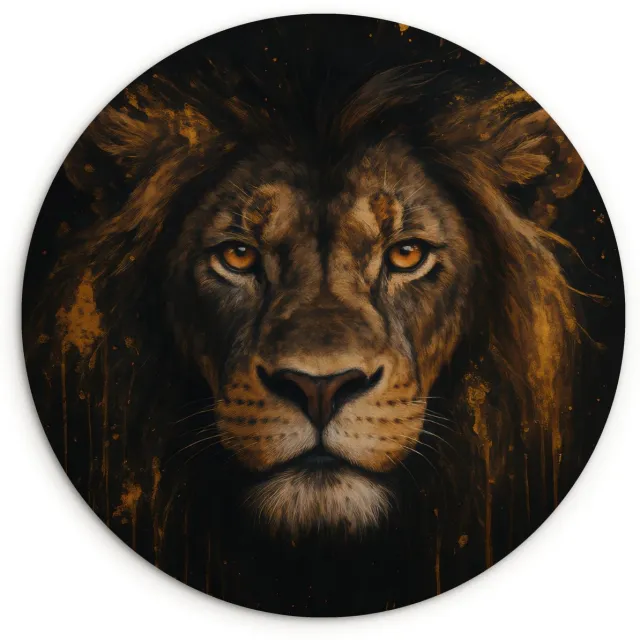 WallCircle Wandcirkel 90x90 cm - Muurcirkel Leeuw - Goud - Druppels - Muurdecoratie woonkamer - Wanddecoratie slaapkamer - Kamer decoratie accessoires - Ronde schilderijen