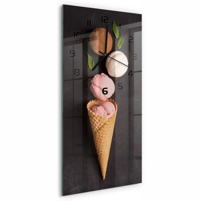 TULUP Wandklok - IJs in een wafelhoorntje Glazen Wandklok Design - 30x60 cm - Zwart Klok Glas Met Opdruk - Zwarte handen - Rechthoekige Klok - Wandklok Glas Met Motief - Decoratieve Glazen Klok