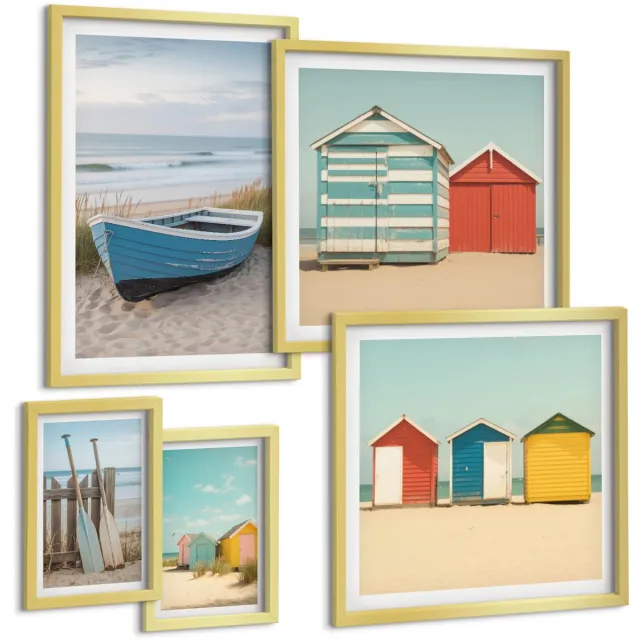 TULUP 5-Delige Schilderij Set - Uitzicht op zee, kleurrijke strandhuizen en boten. - 50 x 50 cm, 20 x 30 cm en 40 x 60 cm - Moderne Wanddecoratie - Slaapkamer - Muurdecoratie Gouden lijst
