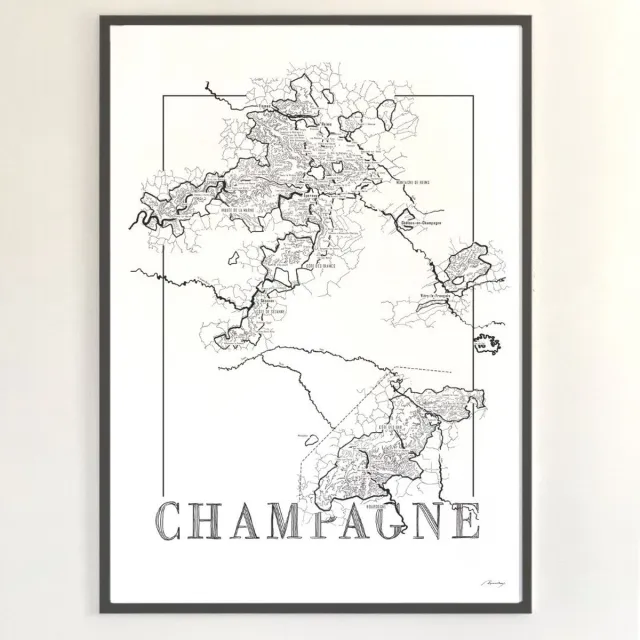 Brushery Poster zwart wit - Champagne - wijnkaart - 50 x 70 cm - landkaart - wijnliefhebber zwartwit