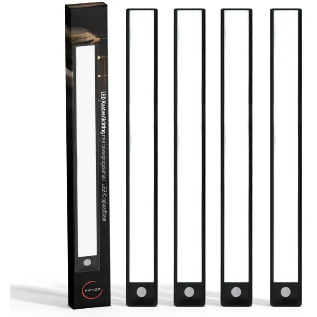 Victox LED Kastverlichting met bewegingssensor - 4 x 40 cm - USB-C Oplaadbaar - 3 Kleurtemperaturen - Magnetisch - Draadloos - Zwart (4-PACK) Zwart 40cm 4pack