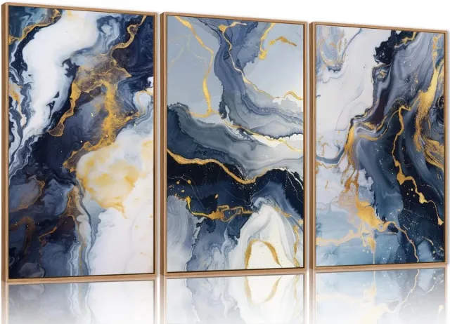 Unyqoos Abstracte kunstset met blauwe en gouden tinten voor moderne wanddecoratie