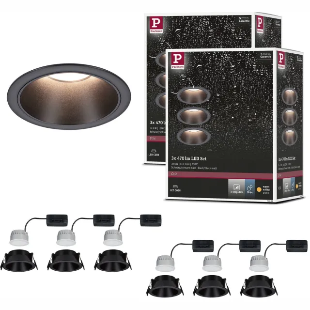 Paulmann Set LED-inbouwlamp Cole Coin Set van 6 IP44 88 mm Coin 6x6W 6x470lm 230V dimbaar 2700K Zwart mat