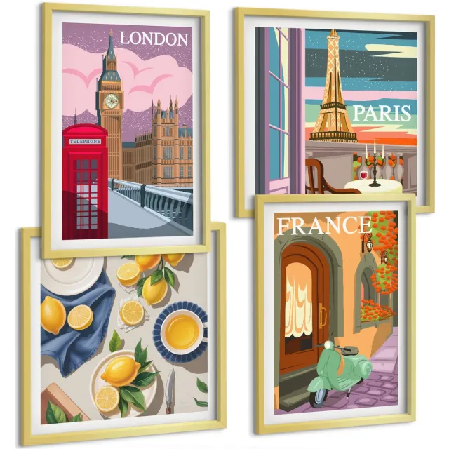TULUP 4-Delige Schilderij Set - Stadsgezichten Parijs Londen en Frankrijk Citroenen - 40 x 40 cm en 40 x 60 cm - Muurdecoratie - Wanddecoratie - Hal - Decoratieve Schilderijen Gouden lijst