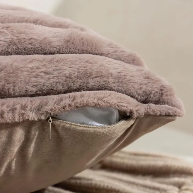 COVREO Sierkussenhoes 45 x 45 cm licht camel pluche, 2 stuks met rits Licht camelkleurig
