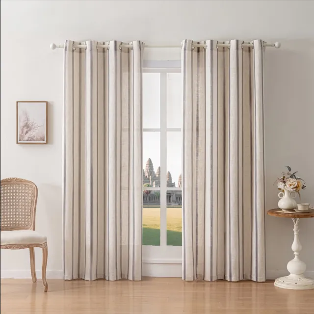 Floraweg Linnenmix gestreepte gordijnen Tickingstripe Lichtfilterende gordijnen Blauw gedrukt op beige gordijnen voor woonkamer en slaapkamer,met haakjes ringen,140x220cm