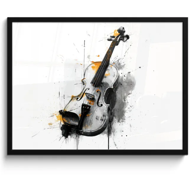FrameYourWall Poster in lijst - Fotolijst 80x60 cm - Posters - Viool - Oranje - Zwart - Penseelstreken - Posterlijst zwart - Decoratie - Wanddecoratie woonkamer - Muurdecoratie slaapkamer