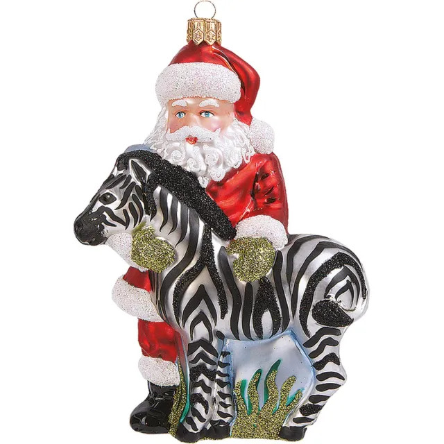 Viv! Christmas Kerstornament - Kerstman met Zebra - mond geblazen glas - rood wit zwart - 13cm