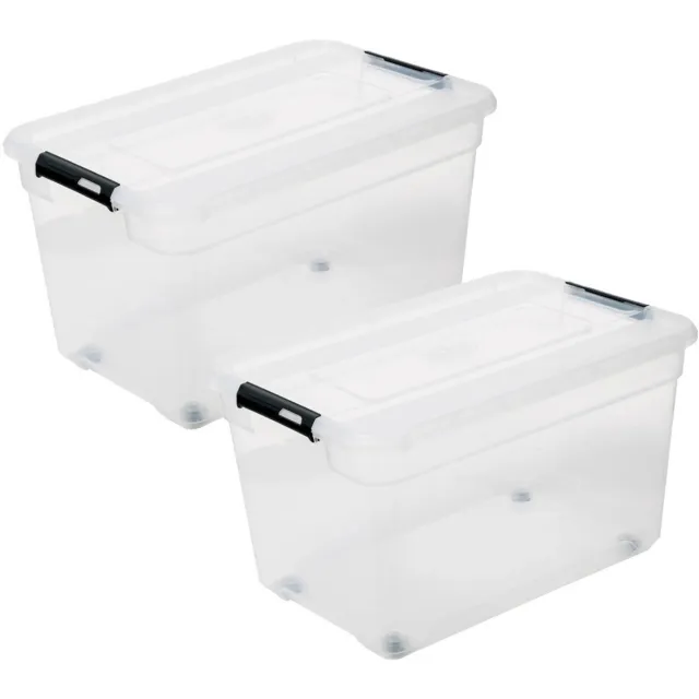 5Five® 5Five opberg kist met deksel - 3x - Solutions Box - 52 liter - 58 x 39 x 34 cm - kunststof - transparant - met wielen