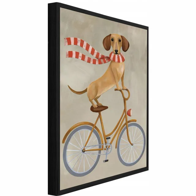WALLARENA Schilderij met reliëf 90x60 cm - zwarte lijst - teckel op een fiets - woonkamer en slaapkamer Beige