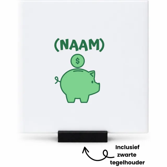 Hacebo Groene piggy bank met eigen naam tegeltje met tegelhouder - Varken - iemand die van geld houdt - tegeltjes met tekst - cadeau voor iemand die houdt van geld - verjaardagscadeau - gift - geschenk - spreuktegels - 10.8x10.8 CM Wit