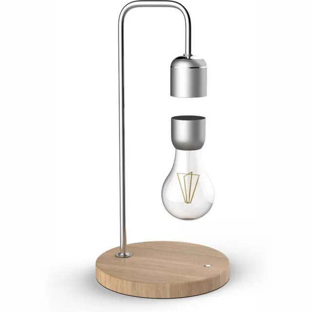 DesignNest Levitating Lamp Magnetische Zwevende Tafellamp Zilver LED - Eikenhouten Voet - 2700K Warm Wit - Touchbediening - Design Lamp - 2W
