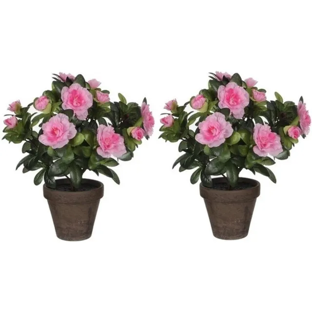Mica Decorations Kunstplant - 2x - Azalea - groen/lichtroze - 27 cm - Met mooie bloemen