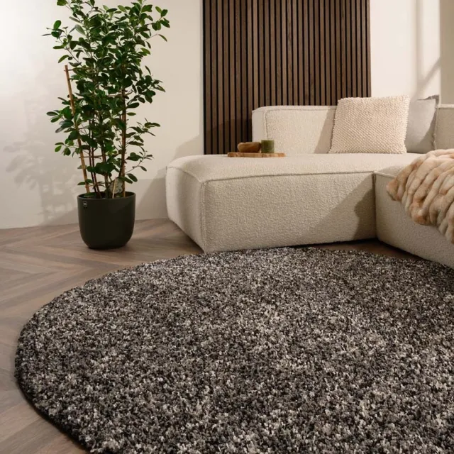 Tapeso Rond hoogpolig vloerkleed - Blend zwart/grijs 160