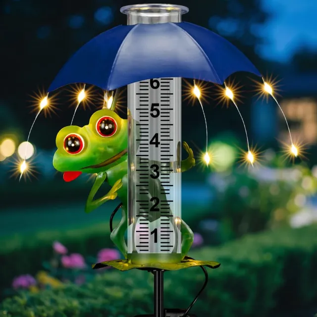 Namajunas Regenmeter - Regenmeter Tuin - 7 Inch 250 ML - Regenmeter Met Grondpen - Met Solar LED‑lamp - Roestvrij stalen frame - Kikker met paraplu - Neerslagmeter - Tuindecoratie - Buitenverlichting - Tuinbeelden voor buiten - Cadeaus