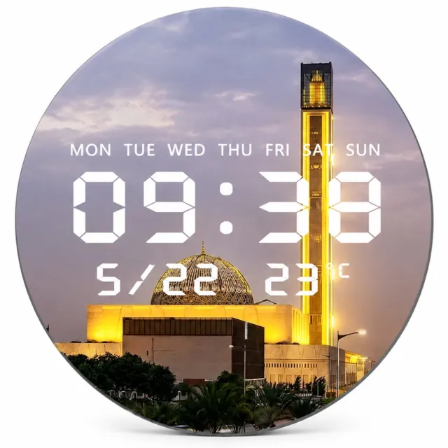 SWGOTA Ronde digitale LED-wandklok Ø 30 cm, 30 mm dik, met tijd, datum, weekdag- en temperatuurweergave en architectuurprint Meerkleurig