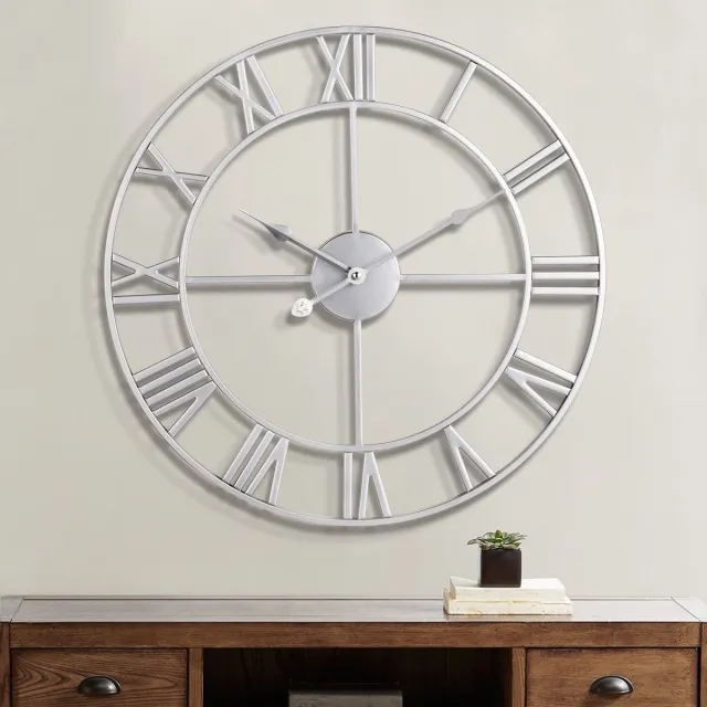 Maxstar moderne grote wandklokken met Romeinse cijfers, vintage, licht tikkende ronde metalen stille wandklok voor woonkamer, keuken, slaapkamer, tuindecoratie - zilver 47 cm