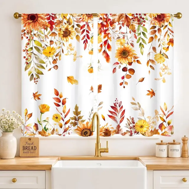 KZQ Keukengordijnen in landelijke stijl met herfstbladeren en zonnebloemen (kleine gordijnen 75x166cm (twee stuks)) – Vintage landelijke houtnerfstructuur, korte gordijnen in koffiestijl, geschikt voor badkamer en interieur. Zoals weergegeven in de afbeelding