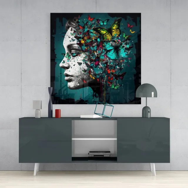 Insigne Art Glasschilderij Vierkant - Butterfly - Portrait - Art - Moderne Wanddecoratie - Woonkamer - Slaapkamer - 40x40 cm kleurrijk