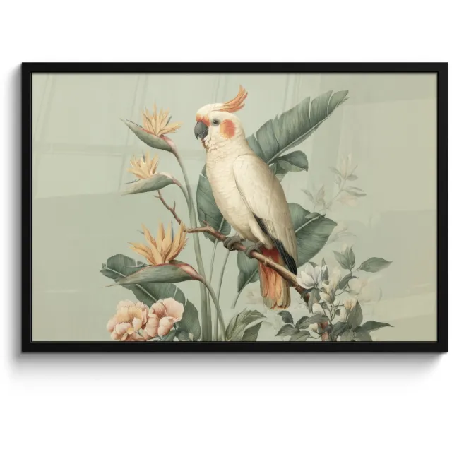 FrameYourWall Poster in lijst - Fotolijst 90x60 cm - Posters - Gele kuifkaketoe - paradijsvogelbloemen - Groen - Posterlijst zwart - Decoratie - Wanddecoratie woonkamer - Muurdecoratie slaapkamer