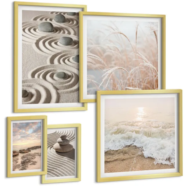 TULUP 5-Delige Schilderij Set - Rustgevende natuurlandschappen met stenen en zeegolven - 50 x 50 cm, 20 x 30 cm en 40 x 60 cm - Schilderijen Set - Wanddecoratie - Woonkamer - Interieur Decoratie Gouden lijst