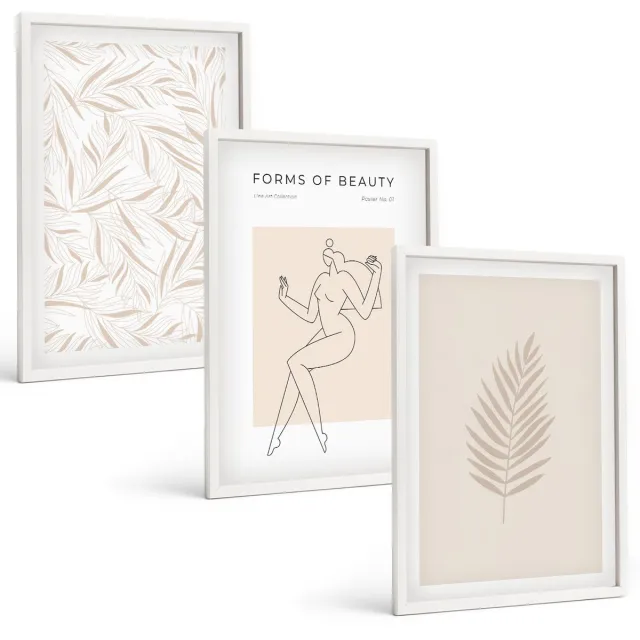 TULUP 3-Delige Schilderij Set - Minimalistische stijl met botanische motieven - 40x60 - Wanddecoratie - Schilderijen Set - Kantoor - Muurdecoratie Witte lijst