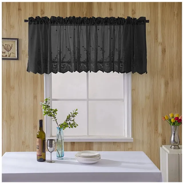 Ibenzoa Korte vintage gordijnen met geborduurd kant voor keuken en slaapkamer Zwart