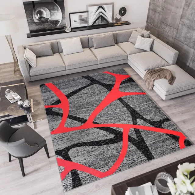 Tapiso Qmega Vloerkleed Rood Grijs Abstract Tapijt Maat- 250x350
