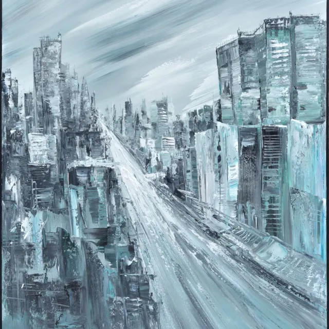 Fine Asianliving Olieverf Schilderij 100% Handgeschilderd 3D met Reliëf Effect en Zwarte Omlijsting 120x150cm Stad Blauw Blauw, Grijs