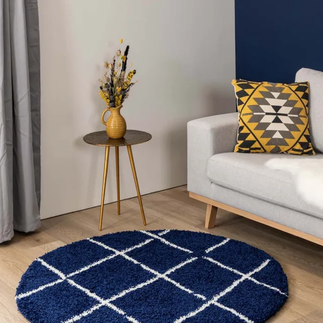 Boho&me Rond hoogpolig vloerkleed ruiten Artisan - marineblauw/wit 300