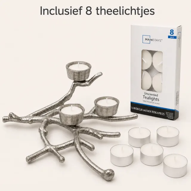 Benza Theelichthouder Tak – Aluminium Zilverkleurig – 36 x 30 x 12 cm – Inclusief 8 Theelichtjes – Luxe Tafeldecoratie