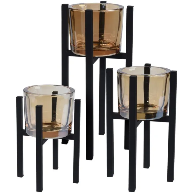 Bellatio Design Theelichthouders - set 3x stuks - zwart - metaal/glas - Waxinelichthouders / theelichthouders
