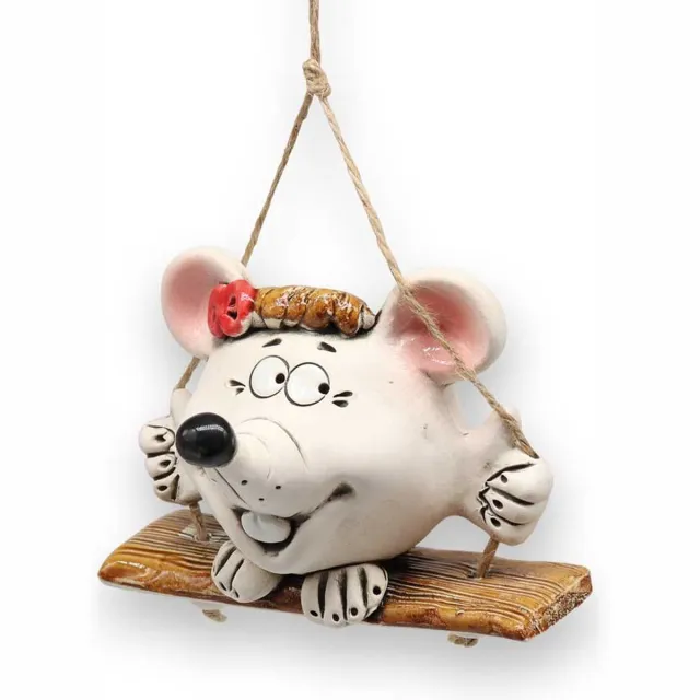 MadDeco tuindecoratie - boomhanger - muis op schommel - handgemaakt product uit Oekraïne - keramiek zie afbeelding