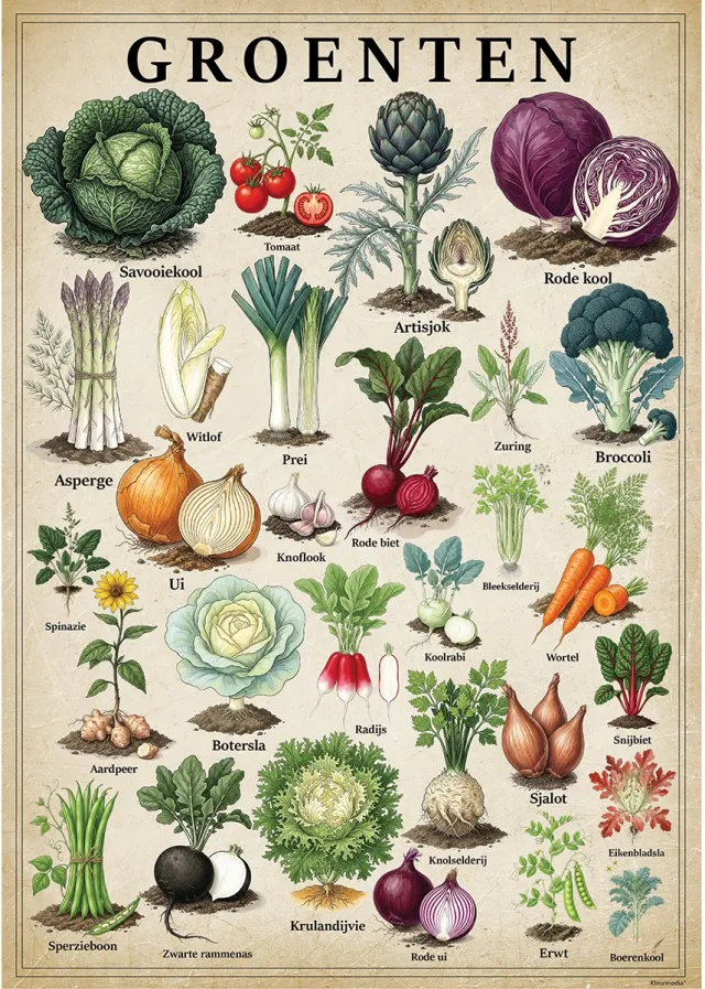 Kleurmedia Vintage Poster Groenten - 43 x 61 cm - Kleurmedia® Retro Botanische Collectie 2026 - Posters met Nederlandse Benamingen A2