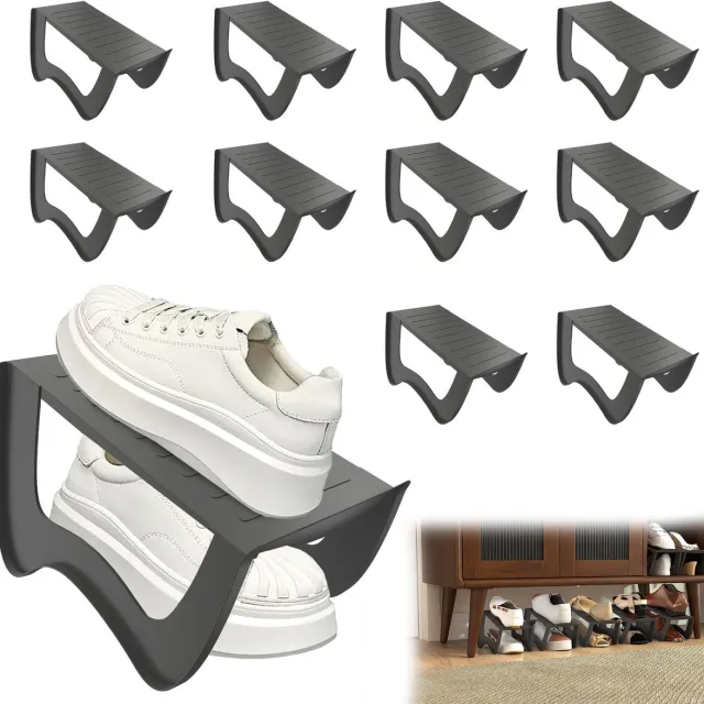 LZQ 10x Antislip Schoenregalen Schoenuitsparingen Organisator Voor Kast Schoenhouder Stapelbaar Schoenorganisator Dubbellaagse Schoenen Opslag Kist 25x14,5x14cm Schoenstapler Grijs