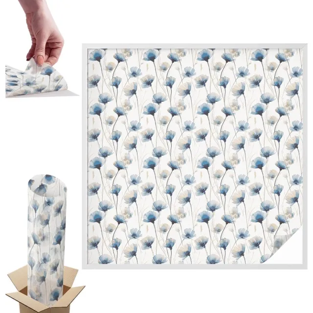 TULUP Raamfolie Anti inkijk - Blauwe bloemen Anti inkijk Raamfolie - 100x100 cm - Wit Raamfolie Tegen inkijk - Zelfklevende Anti inkijk Folie Glas in Lood - Voor de slaapkamer, woonkamer en badkamer. - Zonwerende Raamfolie Glas in Lood Wit - Blauwe bloemen