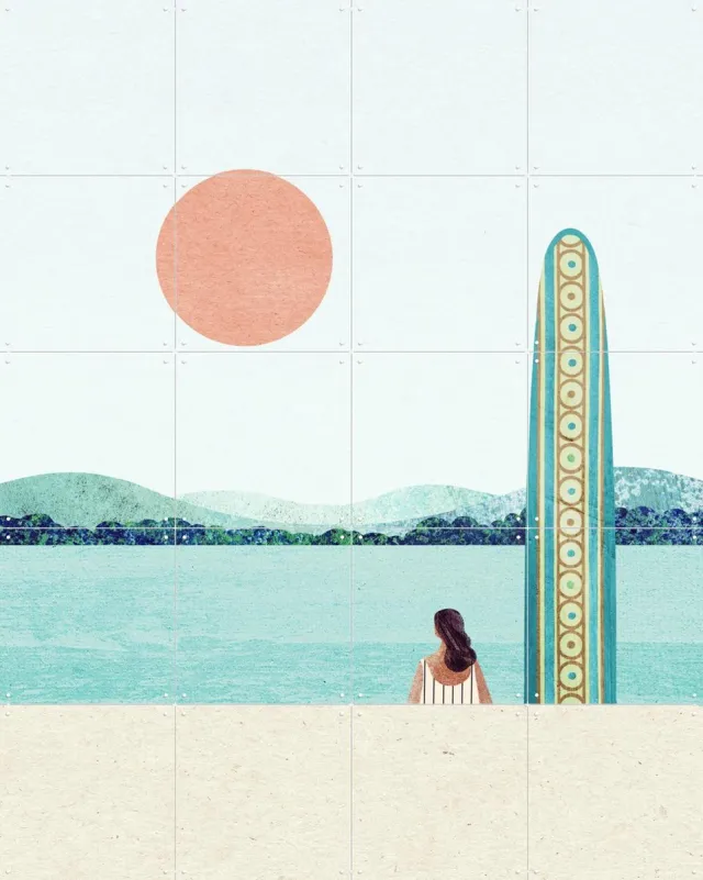 IXXI Waiting for the Wave, Henry Rivers - 80 x 100 cm - Grote wanddecoratie en posters - Illustraties, Zeelandschappen & Kust, Zomer Lichte tinten