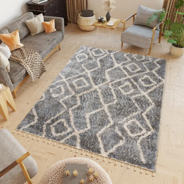 Tapiso Versay Fringes Vloerkleed Hoogpolig Tapijt Slaapkamer Maat- 120x170 Donkergrijs Beige 1