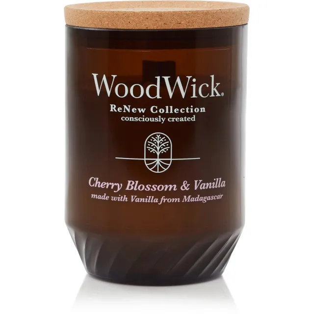 Woodwick ReNew Medium Geurkaars - Cherry Blossom & Vanilla - 55 branduren Bruin