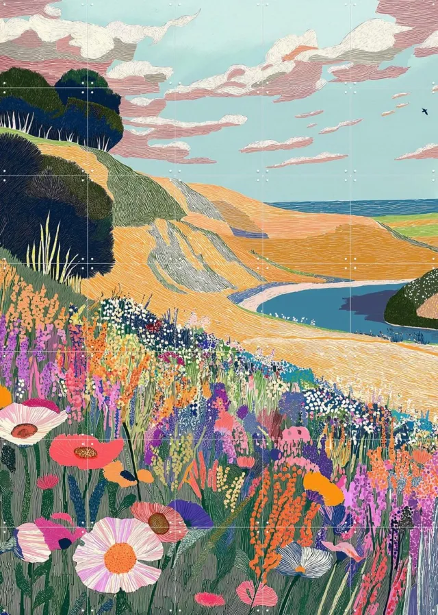 IXXI Wildflower Hill, Artclaud - 100 x 140 cm - Grote wanddecoratie en posters - Illustraties, Kleurrijk, Studeerkamer, Woonkamer, Slaapkamer Paars