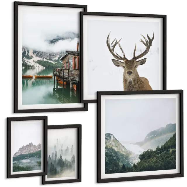 TULUP 4-Delige Schilderij Set - Berglandschappen met wilde dieren en een meer - 50 x 50 cm, 20 x 30 cm en 40 x 60 cm - Decoratieve Schilderijen - Woonkamer - Interieur Zwarte lijst