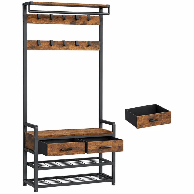 D&J Kapstok - Kapstok met schoenenrek - Kapstok met zitbank - Industrieel - Hout en Metaal - 182cm Hoog - Scheidbaar ontwerp Zwart