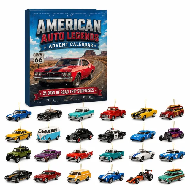 SWGOTA Adventskalender 2026 met 24 platte acryl autohangers, inclusief groene terreinwagen, in papieren doos