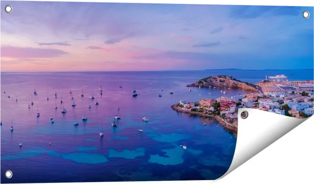 Gards Tuinposter Ibiza met Boten op het Water bij Zonsopgang - 80x40 cm - Tuindoek - Tuindecoratie - Wanddecoratie buiten - Tuinschilderij Multikleur