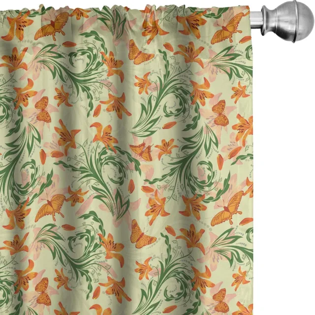 ABAKUHAUS Voorhangen – 2x75x225 cm – Gebogen bloemen & vlinders – Creme/Olijfgroen