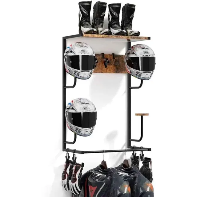 C. , R. E. CORE Motorhelm Wandhouder - Helmstandaard met 4 Helmhouders - Inclusief 4 Handschoenclips en 4 Haken - 43x25x82cm - Zwart en Rustiek Bruin Rustiek bruin met zwart