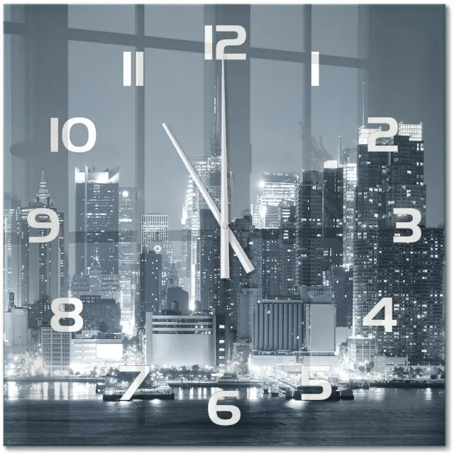 TULUP Wandklok - Manhattan, New York Moderne Wandklok Glas - 60x60 cm - Zwart-wit Wandklok Glas Decoratie - Witte handen - Vierkante Klok - Glazen Wandklok Design - Klok Glas Met Opdruk