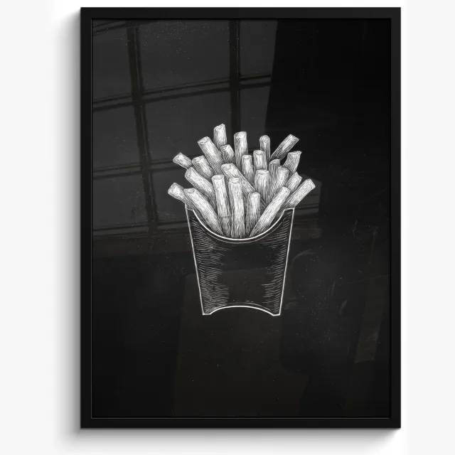 FrameYourWall Poster in lijst - Fotolijst 50x70 cm - Posters - Friet - Witte krijttekening - Zwart - Posterlijst zwart - Decoratie - Wanddecoratie woonkamer - Muurdecoratie slaapkamer