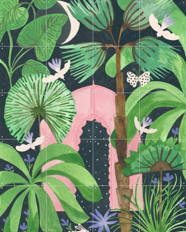 IXXI Jungle Magic, Mirjam de Ruiter - 80 x 100 cm - Grote wanddecoratie en posters - Speels, Illustraties, Aquarel, Woonkamer, Planten, Botanisch Groen / Donkere tinten
